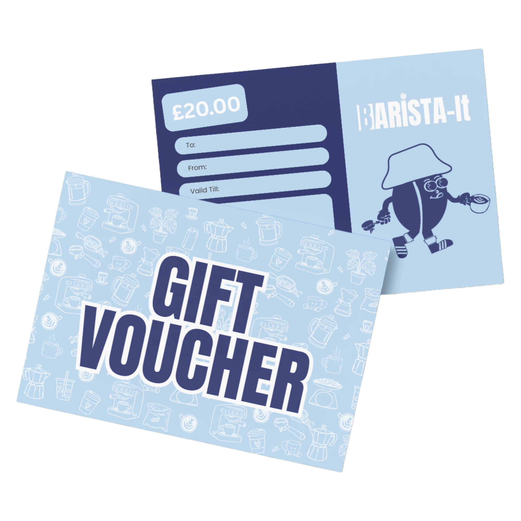 Gift voucher with blue and white design on a white background