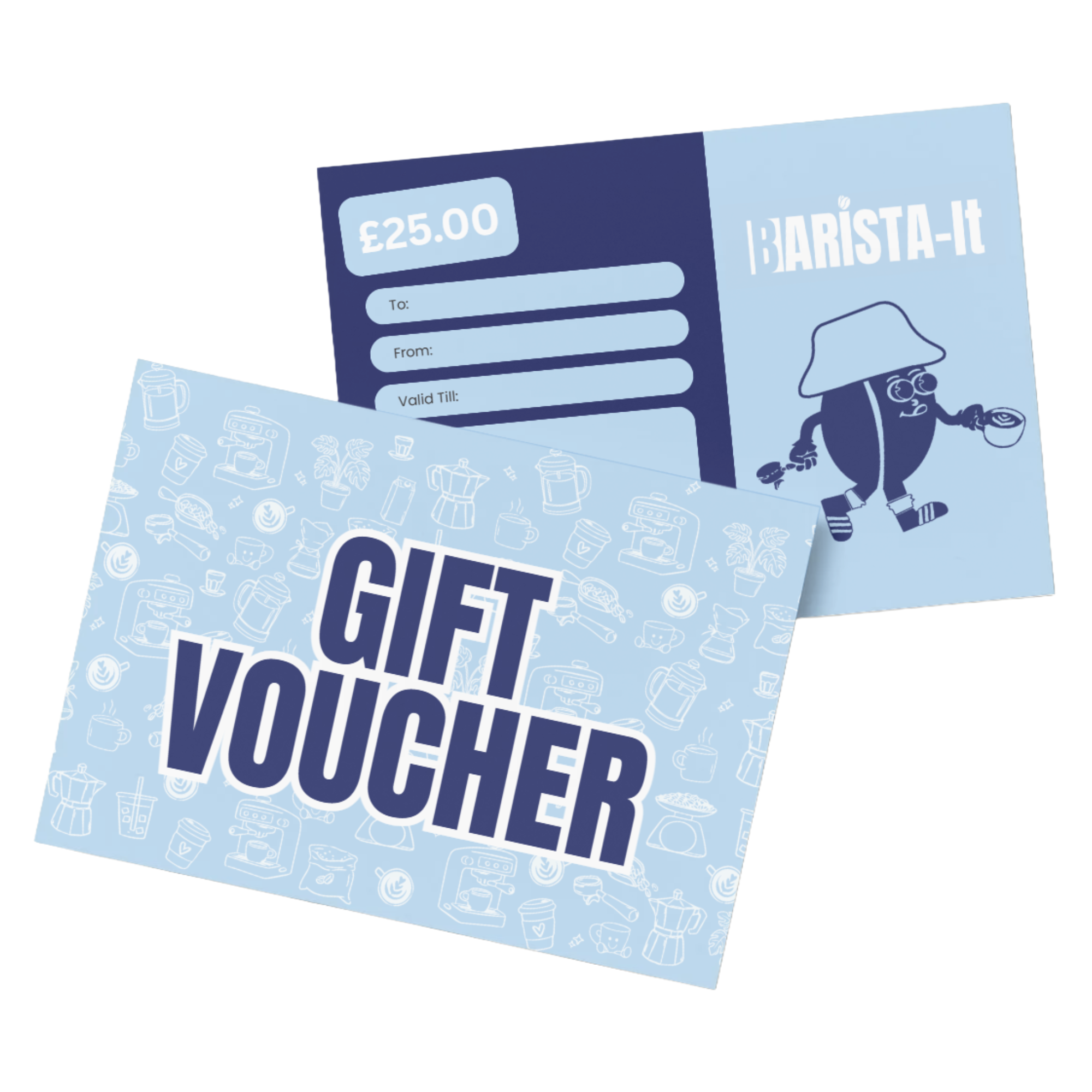 Gift voucher with blue and white design on a white background