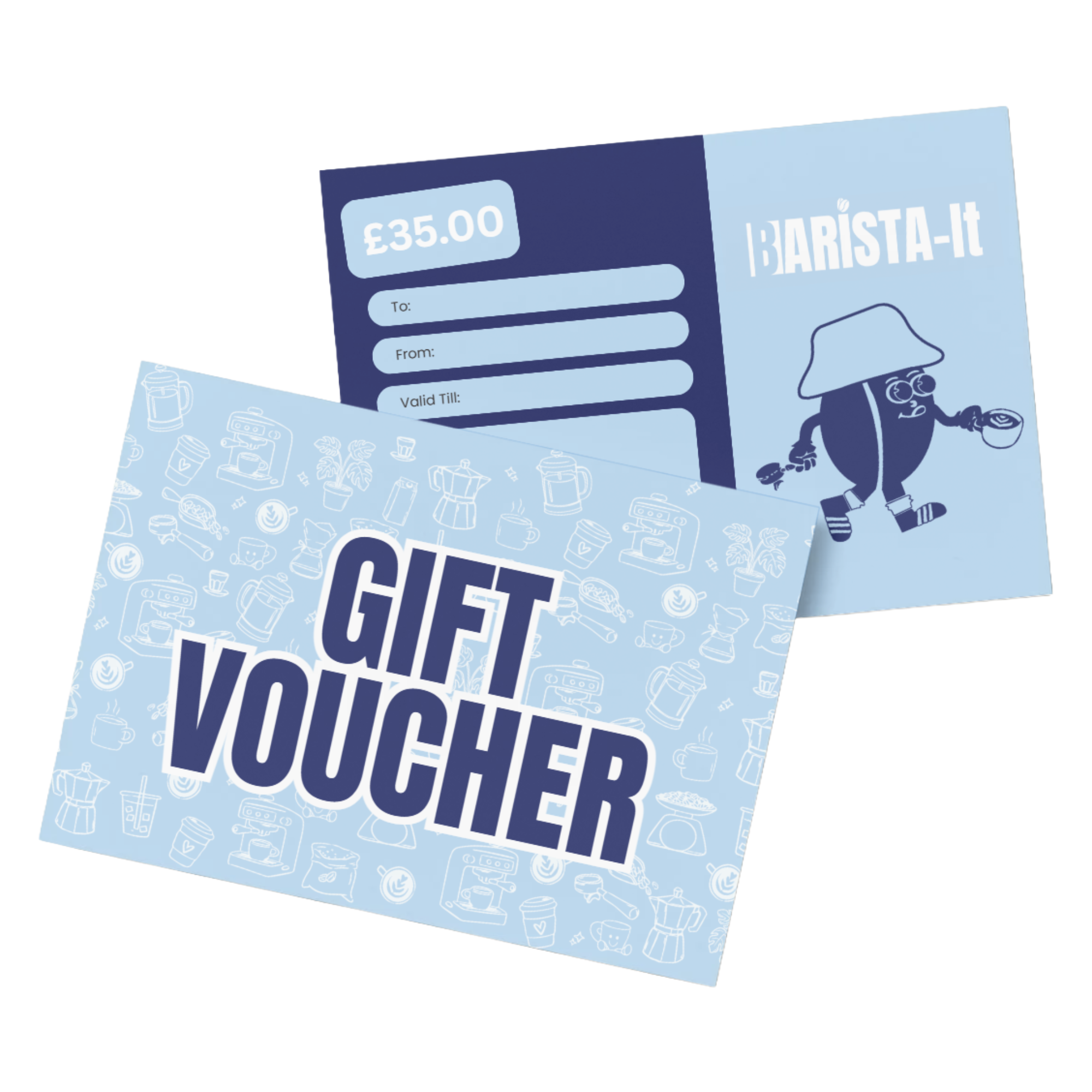 Gift voucher with blue and white design on a white background