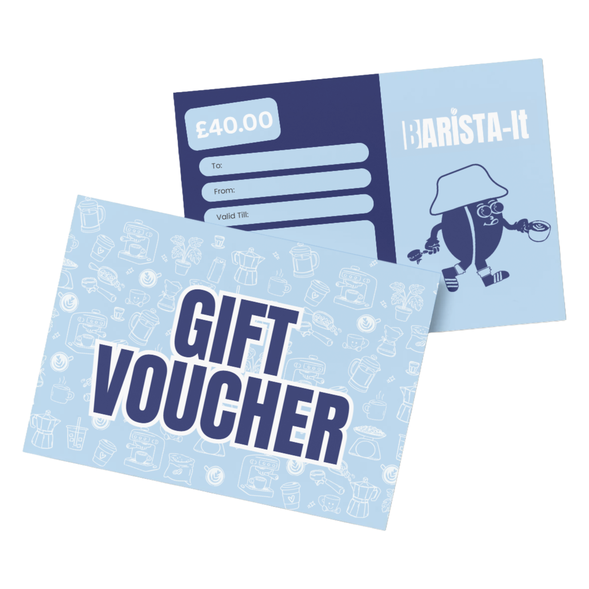 Gift voucher with blue and white design on a white background