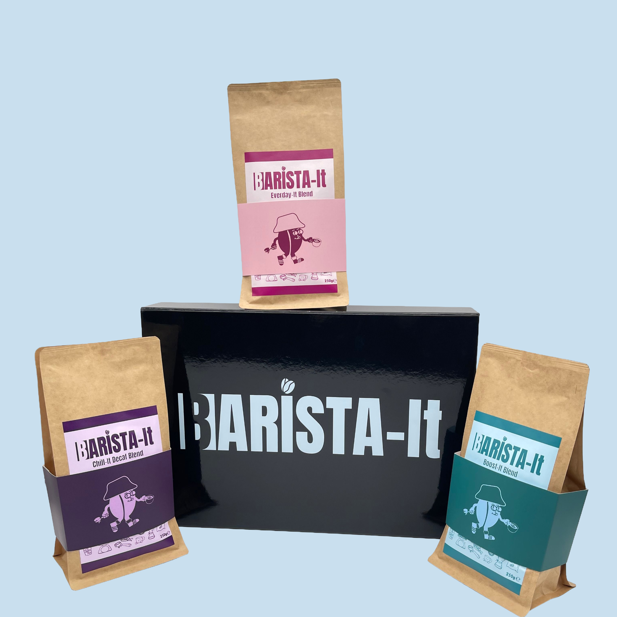 Barista-It coffee bags and packaging on a light blue background