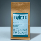 Barista-It Brown paper coffee bag with 'Barista-It' label on a blue background.
