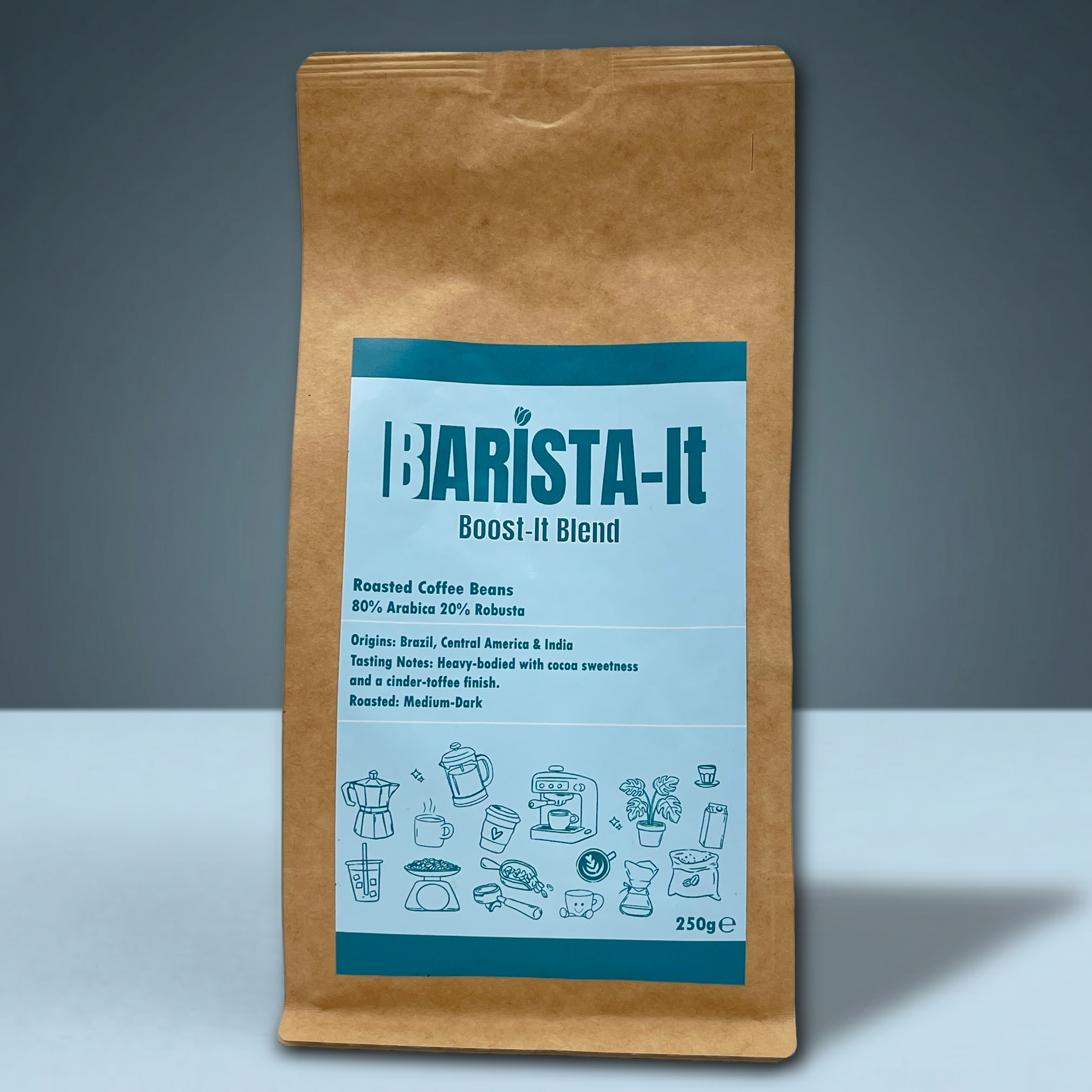 Barista-It Brown paper coffee bag with 'Barista-It' label on a blue background.