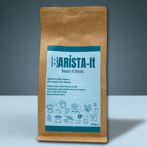 Barista-It Brown paper coffee bag with 'Barista-It' label on a blue background.