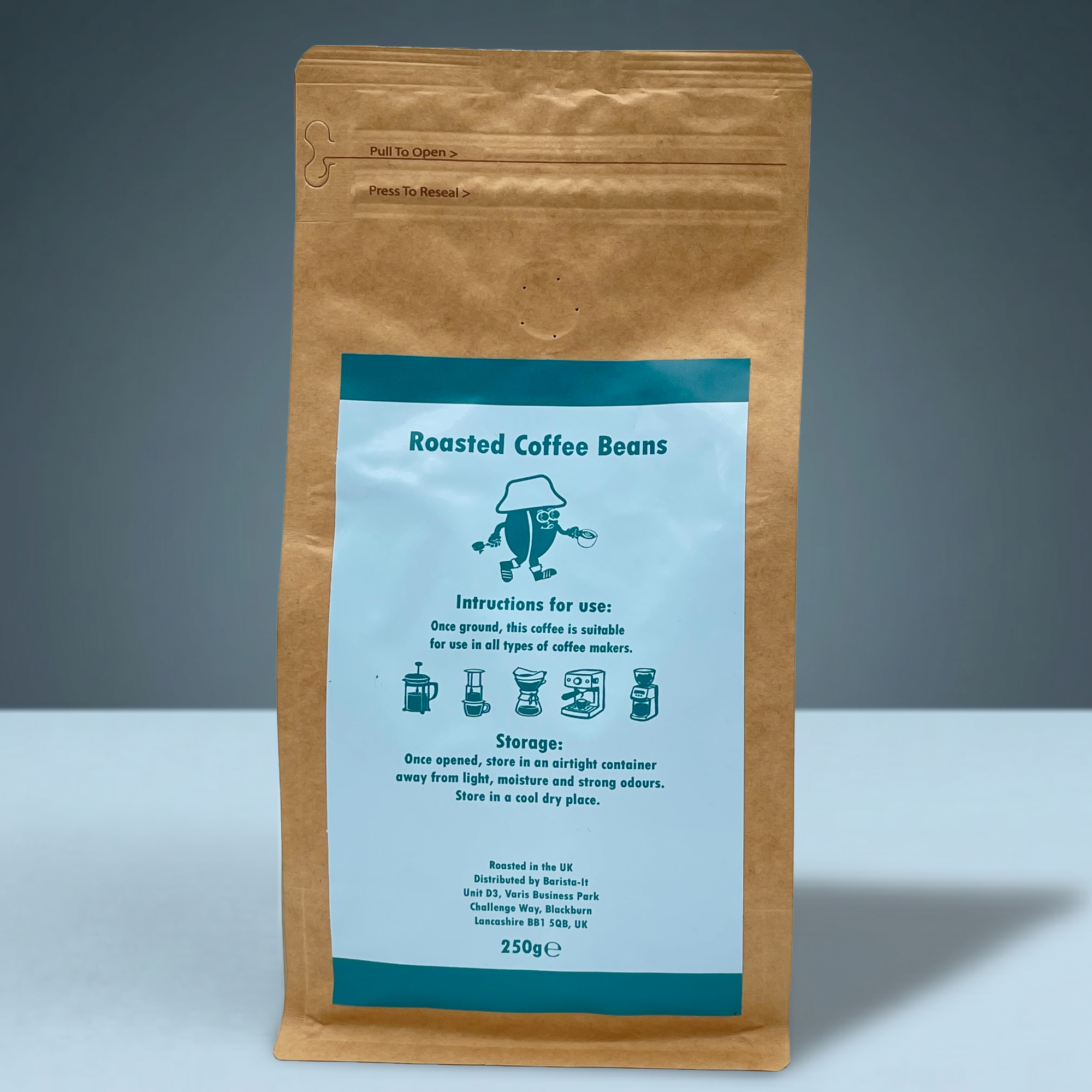 Barista-It Brown paper bag with a blue label containing roasted coffee beans on a teal background.