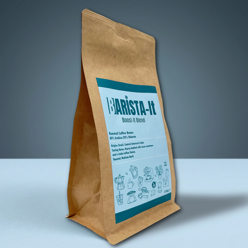 Barista-It Brown paper bag with 'Barista-It' coffee blend label on a blue background,