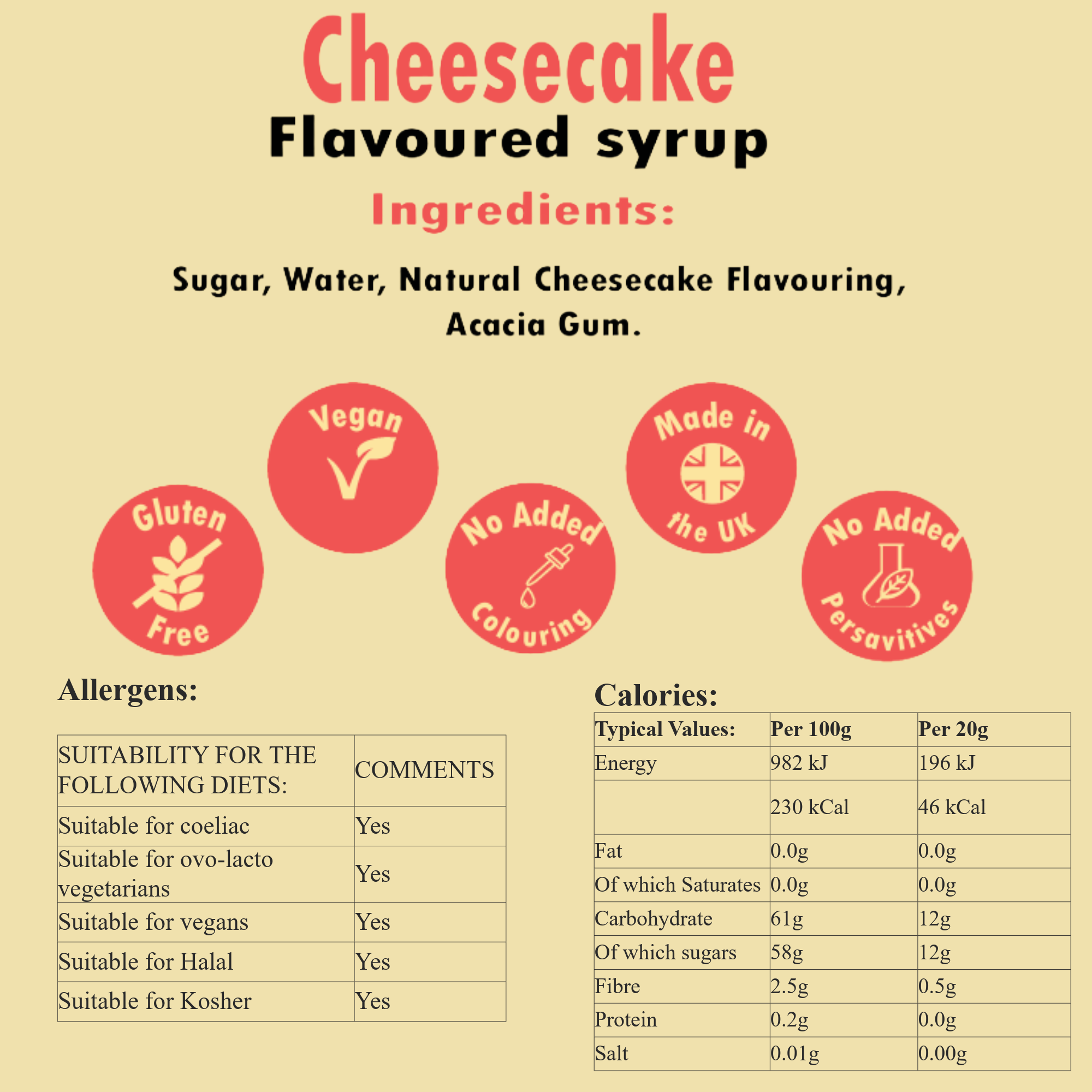 Cheesecake-flavored syrup ingredients and nutritional information