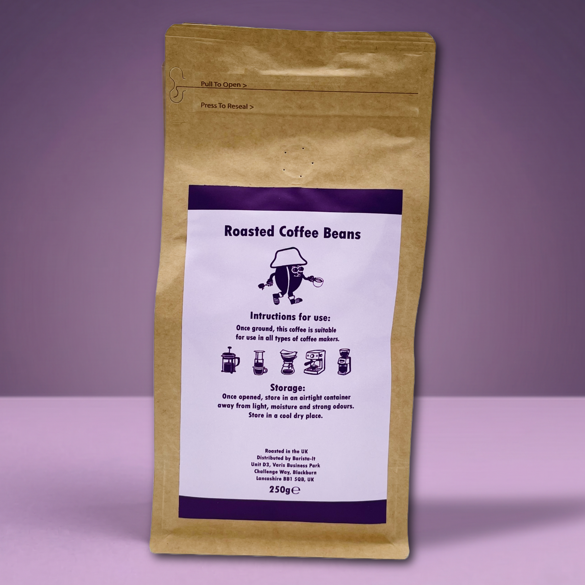 Barista-It Kraft paper coffee bean bag with purple label on a purple background.