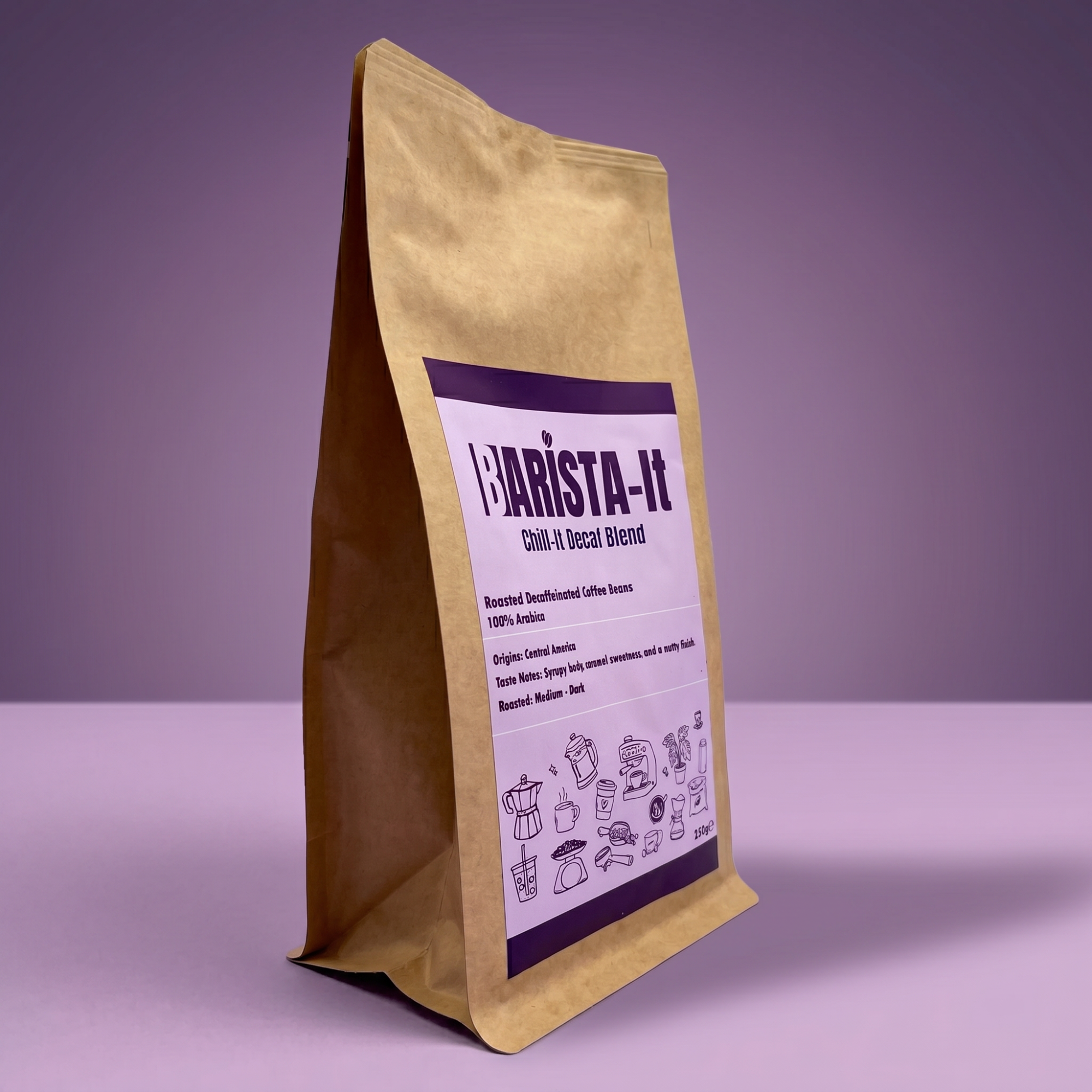 Barista-It Brown coffee bag with a purple label on a purple background