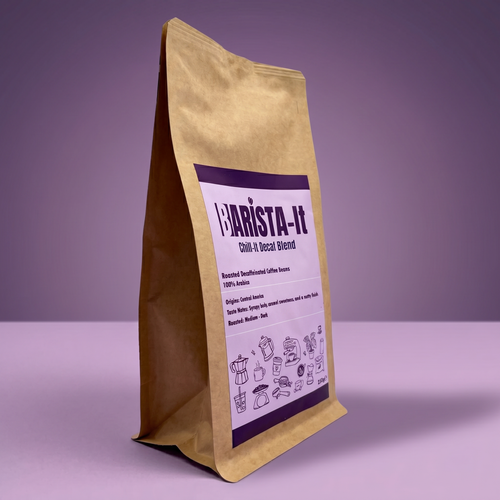 Barista-It Brown coffee bag with a purple label on a purple background