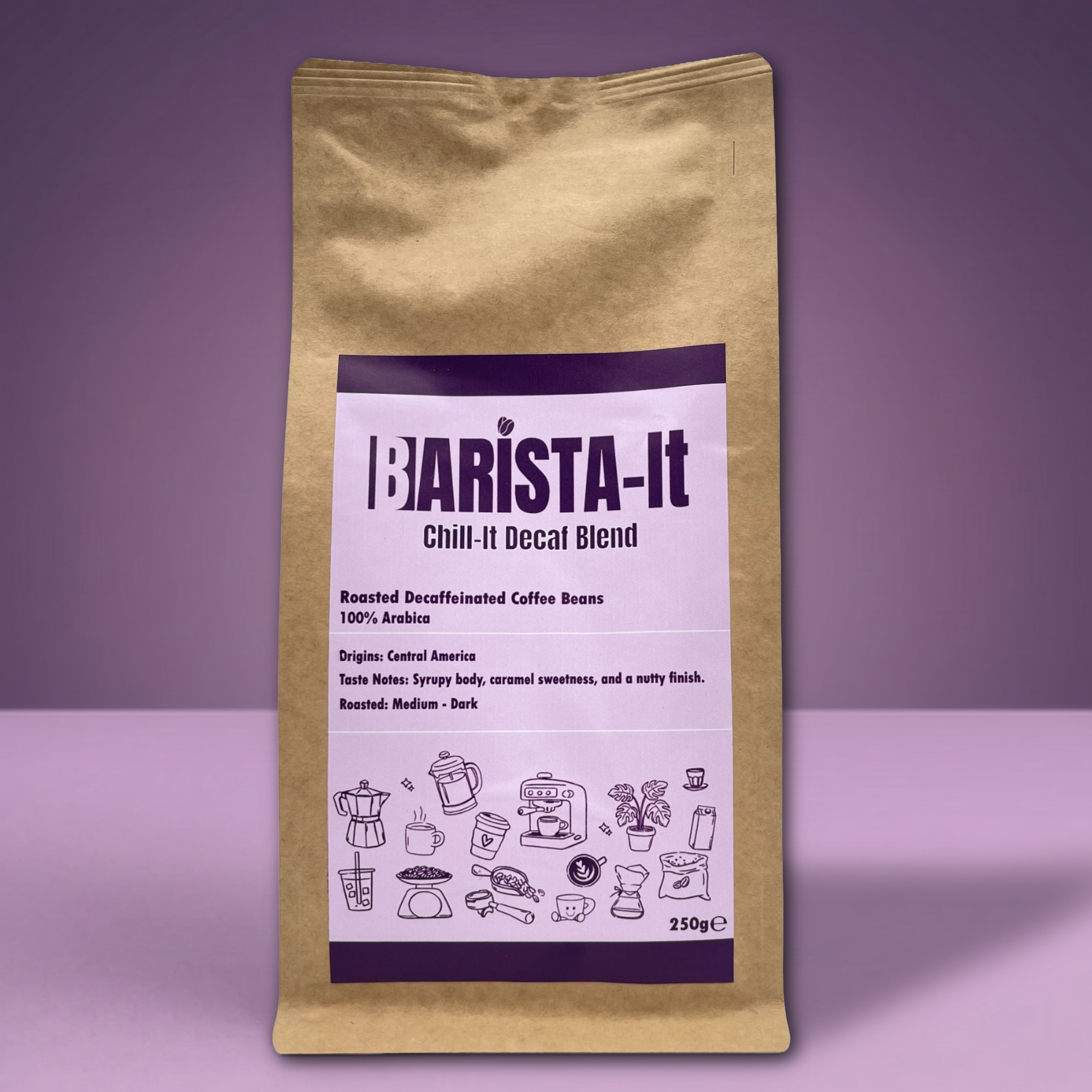 Barista-It Coffee bag labelled 'Barista-It' on a purple background