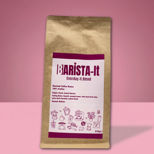 Coffee bag labeled 'Barista-It Everyday-It Blend' on a pink background.