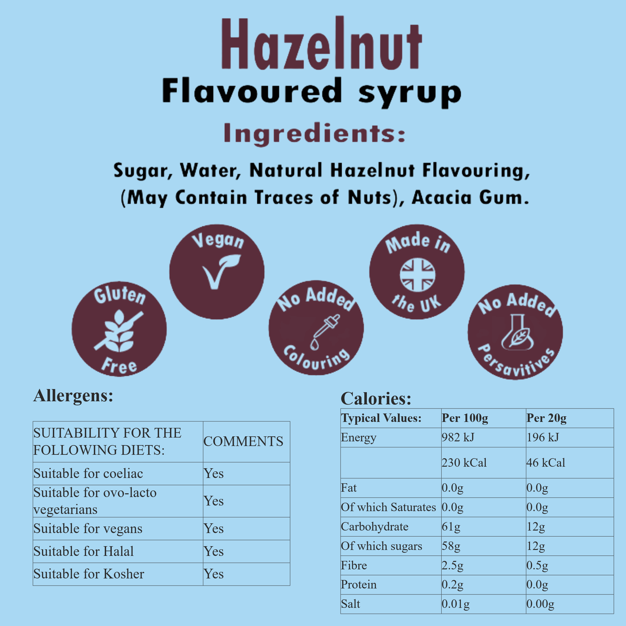 Ingredients label for hazelnut-flavoured syrup
