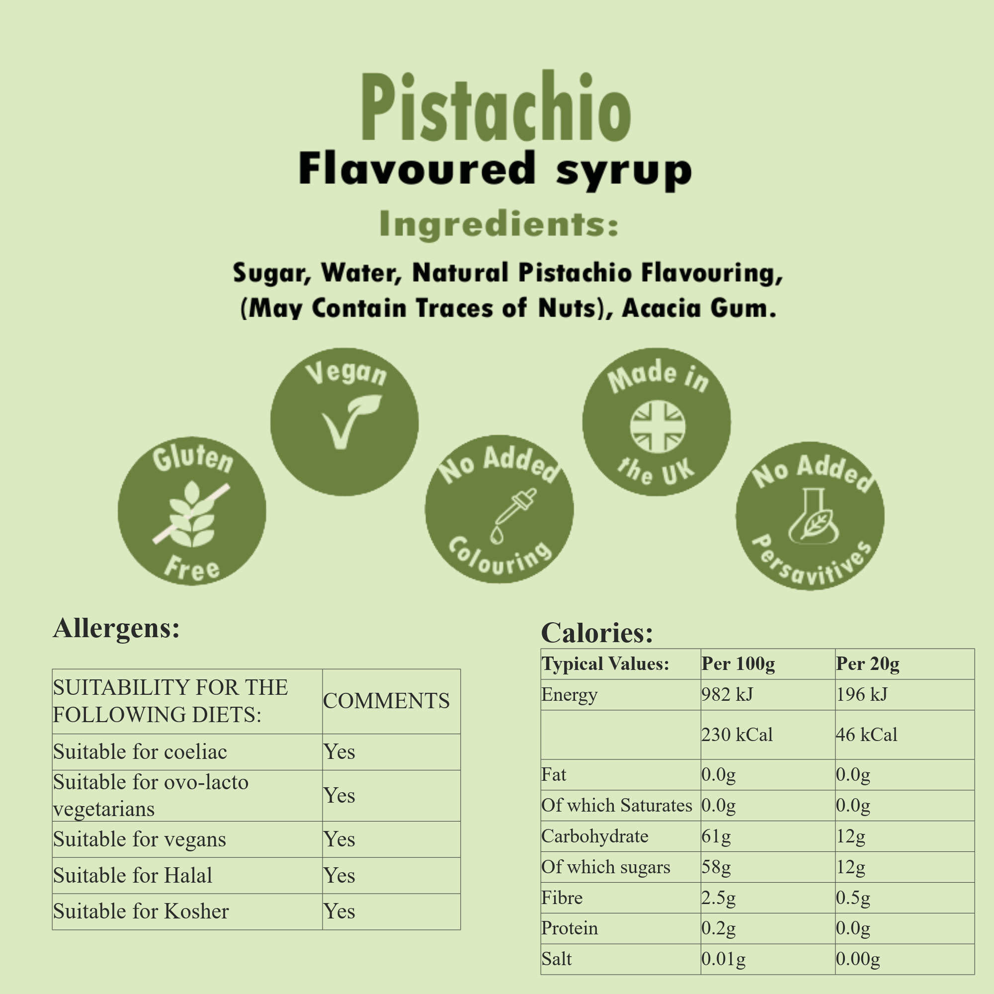 Pistachio flavoured syrup ingredients and nutritional information