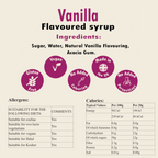 Vanilla-flavoured syrup ingredients list with icons and nutritional information 