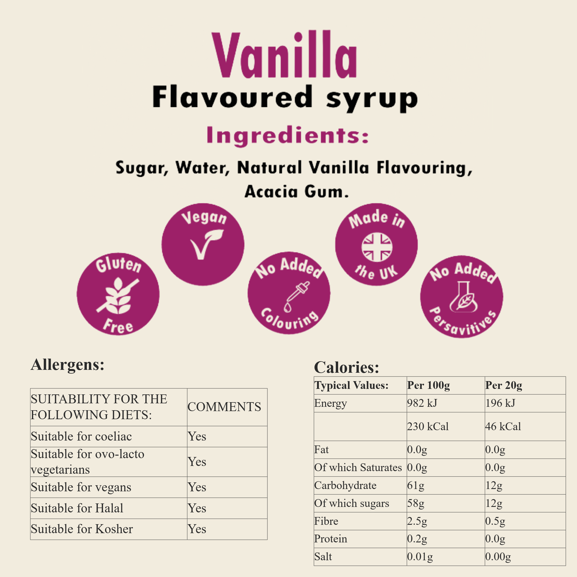 Vanilla-flavoured syrup ingredients list with icons and nutritional information 